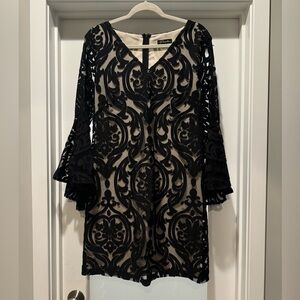 PRELUDE Black Lace Dress Size M Bell Sleeves Midi Length just below knee Formal